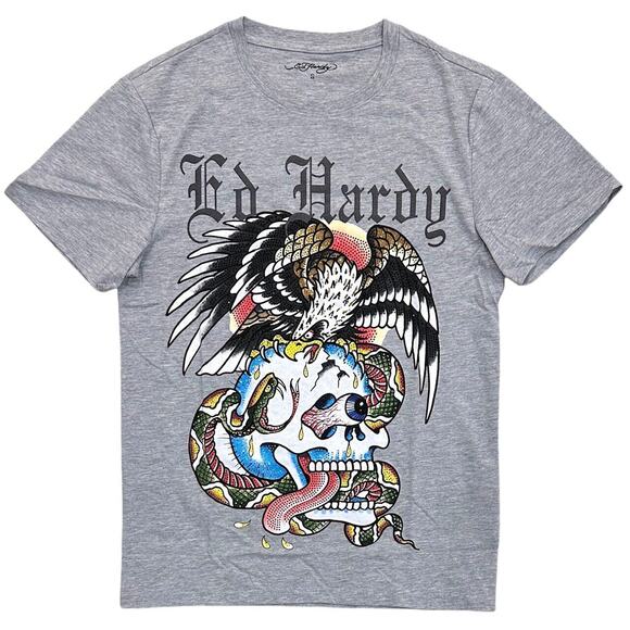 Ed Hardy Men's T-Shirt Rhinestone Battle Skull Eagle Snake Short Sleeve Tee - Picture 1 of 7